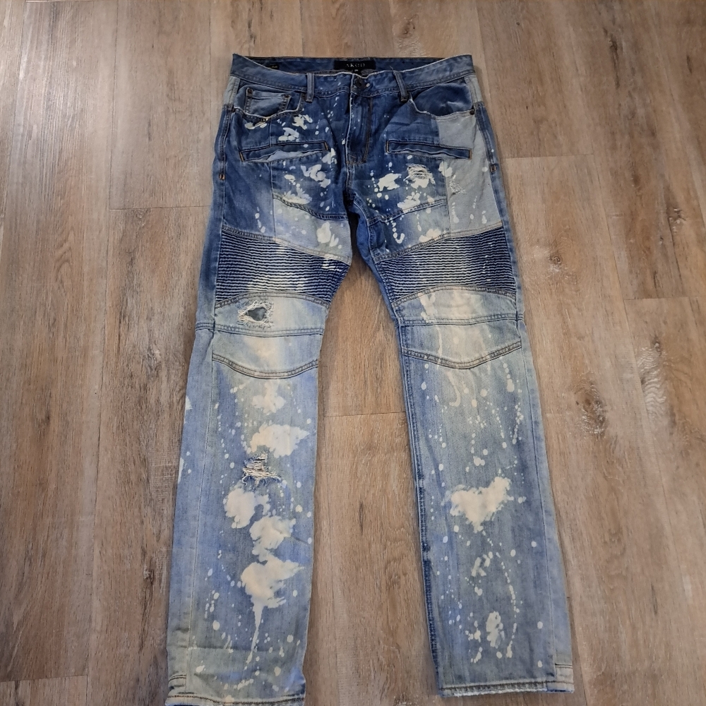 AKOO Blue Denim Distressed Jeans Paint-Splatter Design Men's Size 36